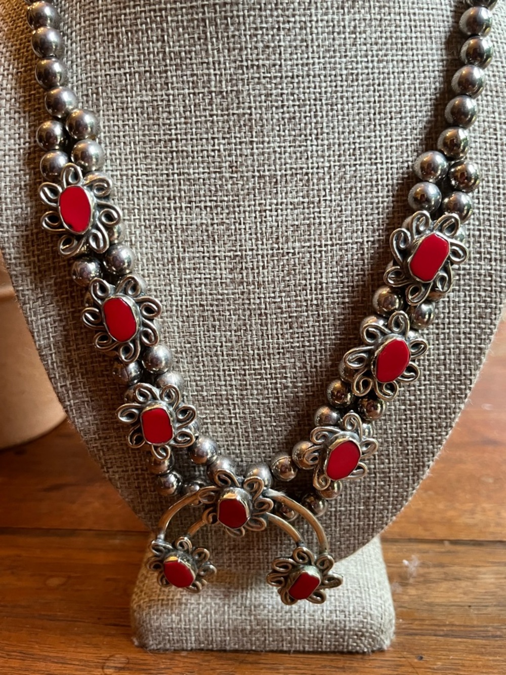 Sterling Silver Squash Blossom Necklace with Coral Stone Accents! - Picture 2 of 7